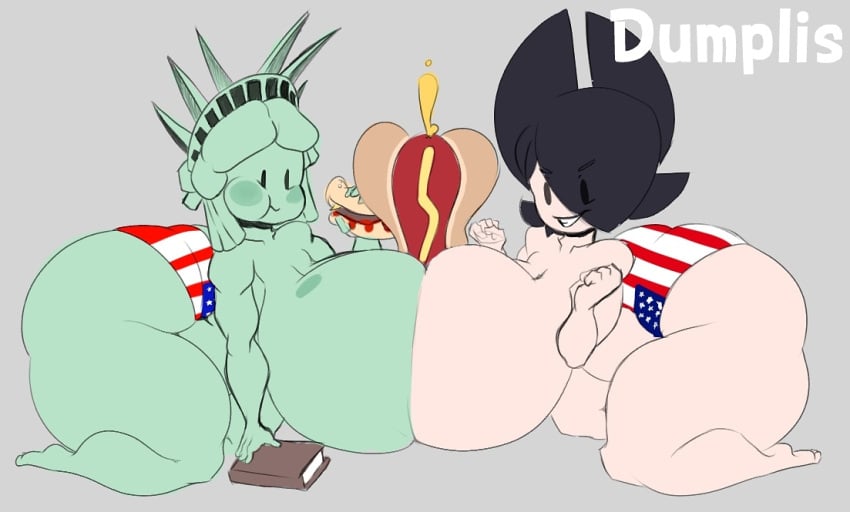 2girls american_flag_bikini anthro book breasts_bigger_than_head dumplis_(artist) eating enormous_ass enormous_breasts female female_only hamburger hot_dog hot_dog_bun mob_face mostly_nude multiple_girls nano_(dumplis) paizuri public_domain sexually_suggestive statue_of_liberty symmetrical_docking thick thick_thighs topless