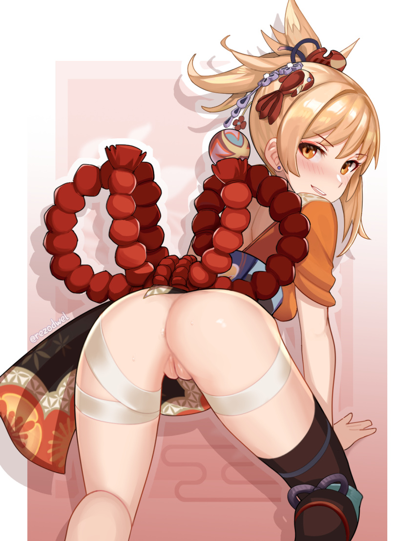 anus ass ass_focus bandages bangs black_legwear blonde_hair eyebrows_visible_through_hair female fingerless_gloves genshin_impact gloves hair_between_eyes hair_ornament highres japanese_clothes kimono light_smile looking_at_viewer makeup orange_eyes pussy rezodwel rope shiny shiny_hair simple_background solo thighs yoimiya_(genshin_impact)