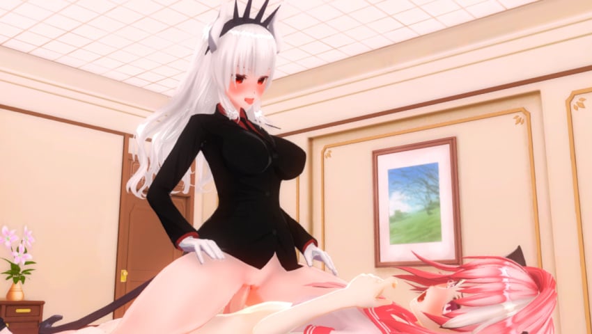 1boy 1girls 3d astolfo_(fate) blush cowgirl_position crossdressing crossover custom_maid_3d_2 demon_girl fate/apocrypha fate/grand_order fate_(series) female femboy femboy_on_female gloves helltaker horns lucifer_(helltaker) male male_penetrating penis pink_hair purple_skin pussy red_eyes ribbons school_uniform sex straight suit tongue_out trap vagina vaginal_penetration white_hair