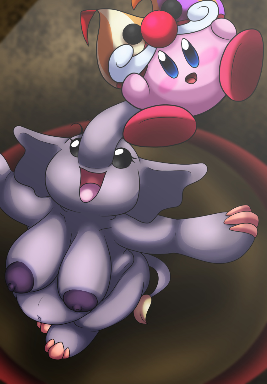 big_breasts blue_eyes blush breasts chubby chubby_female cute cute_face elephant eyelashes female grey_body grey_skin kirby kirby_(series) male nintendo nude nude_female overweight overweight_female phanphan_(kirby) pink_body pink_skin red_feet yoshimister