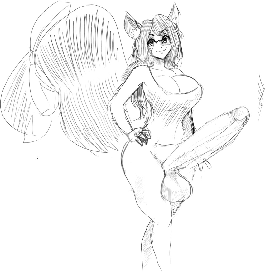 1futa animal_ears balls big_balls big_breasts bottomless breasts cleavage clothed clothing erection fox_ears fox_girl futa_only futanari huge_balls huge_cock humanoid humanoid_penis kemonomimi lemonfont monochrome original_character partially_clothed penis second-party_source sketch standing unski113d wide_hips