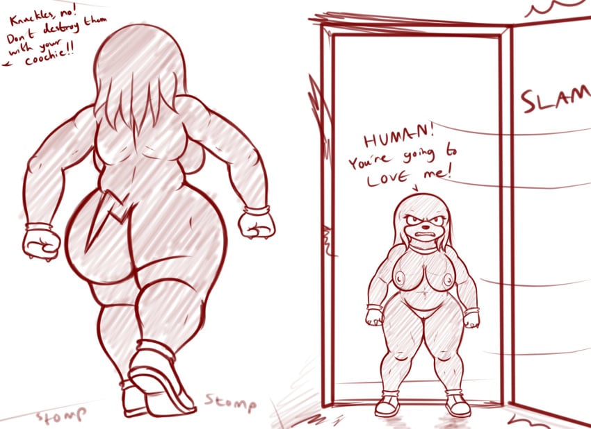 angry anthro ass big_breasts big_butt breasts clothed clothing digital_media_(artwork) door echidna english_text eulipotyphlan female footwear footwear_only fur genitals gloves hair handwear hi_res knora_the_echidna knuckles_the_echidna looking_at_viewer looking_back mammal monotreme mostly_nude naked_with_shoes_on nipples nude open_mouth oystercatcher7 pussy rule_63 sega shoes shoes_only shortstack simple_background sketch slamming_door solo sonic_(series) teeth text thick_thighs video_games white_background