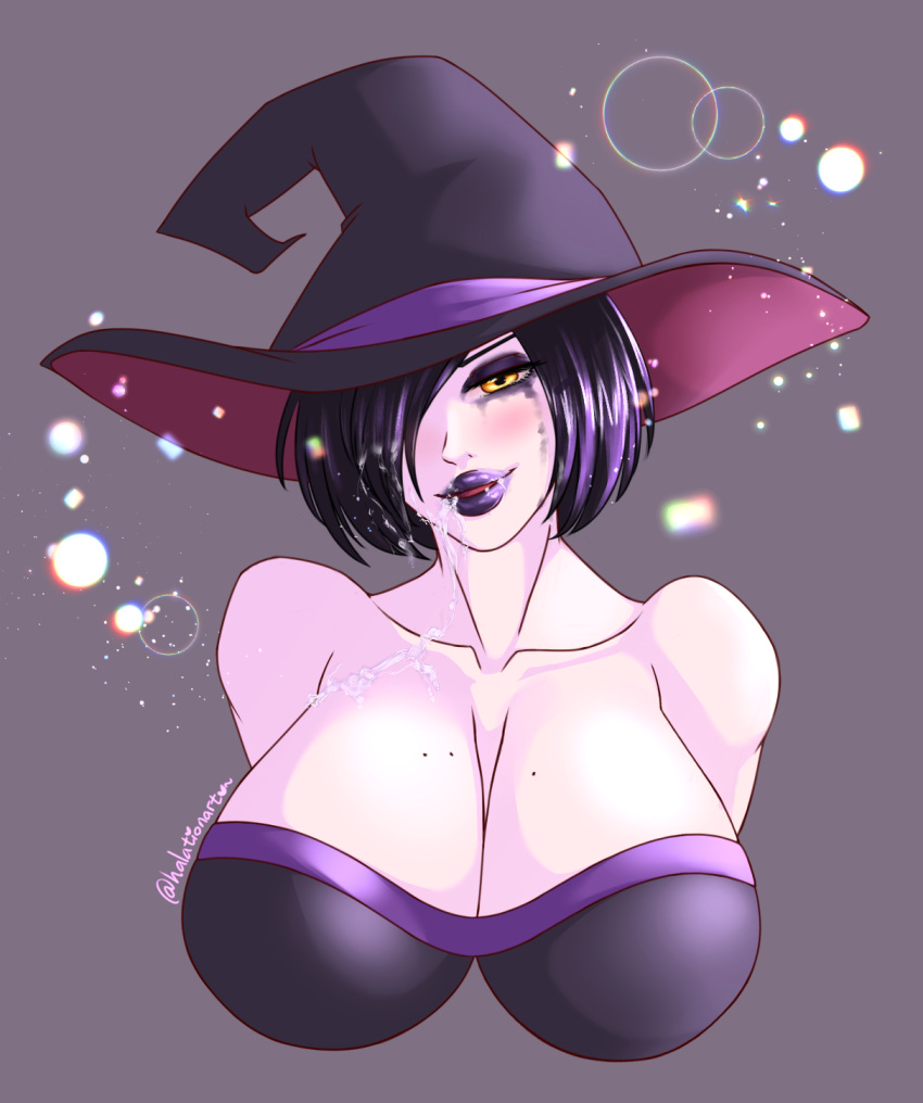 art_trade big_breasts cleavage crying crying_with_eyes_open cum_on_body cum_on_breasts cum_on_face cum_on_hair drooling drooling_cum goth gothic hair_over_one_eye halationart irritated looking_at_viewer mole_on_breast purple_hair purple_skin runny_makeup runny_mascara shoulder_length_hair witch witch_hat