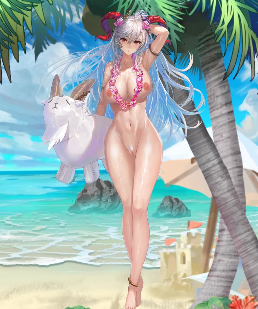 1girls alternate_costume beach blue_hair completely_nude desert_island edit female_pubic_hair fire_emblem fire_emblem_heroes flower flower_necklace freyja_(fire_emblem) freyja_(summer)_(fire_emblem) goat grey_hair horns huge_breasts multicolored_hair nintendo nipples nude nude_edit nude_female nude_filter ocean palm_tree plushie pubic_hair pussy red_eyes samuraijam34 sand sand_castle seaside solo tree very_long_hair wide_hips