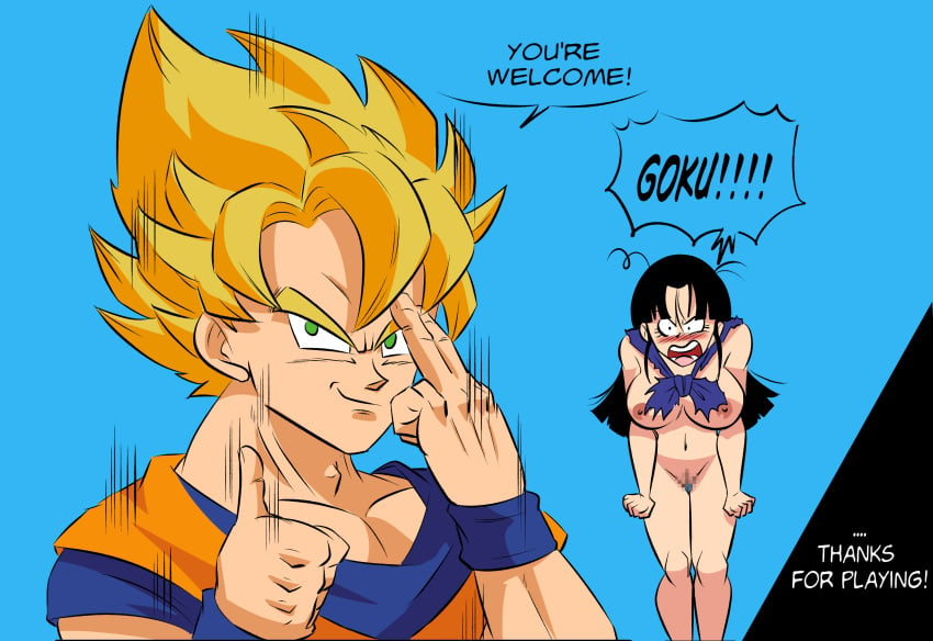 1boy 1girls angry black_hair breasts censored chichi clothed_male_nude_female couple dialogue dragon_ball dragon_ball_super dragon_ball_z female funsexydragonball goku huge_breasts husband_and_wife instant_transmission male/female milf shounen_jump solo solo_female son_goku strip_game super_saiyan teleportation thick_thighs thumbs_up