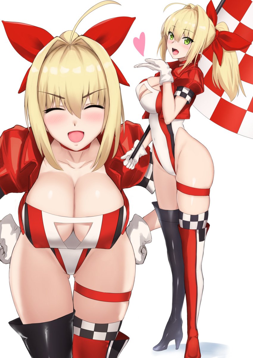 1girls akatsuki_ikki alternate_costume big_breasts blonde_hair blowing_kiss blush boots breasts busty child_bearing_hips cleavage cleavage_cutout covered_navel erect_nipples erect_nipples_under_clothes fate/grand_order fate_(series) female female_only flag gloves green_eyes hair_ribbon hands_on_hips hanging_breasts heart huge_breasts jacket leotard looking_at_viewer nero_claudius_(fate) open_mouth ponytail race_queen smile thick_thighs voluptuous wide_hips