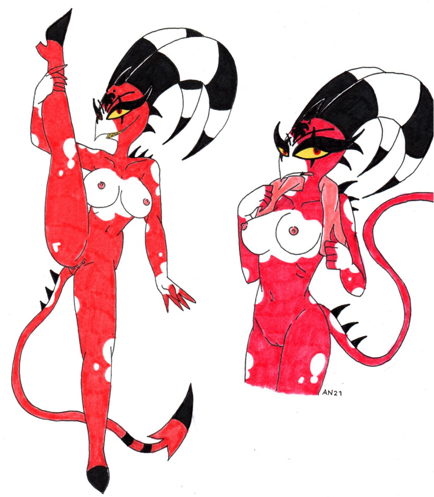 1girls blitzo_(helluva_boss) breasts demon duo fangs female female_blitzo female_only genderswap genderswap_(mtf) genitals helluva_boss humanoid imp mtf_crossgender nipples open_mouth pussy red_body red_eyes rule_63 simple_background skeleslay solo tail teeth traditional_media_(artwork) two_tone_body white_background white_body