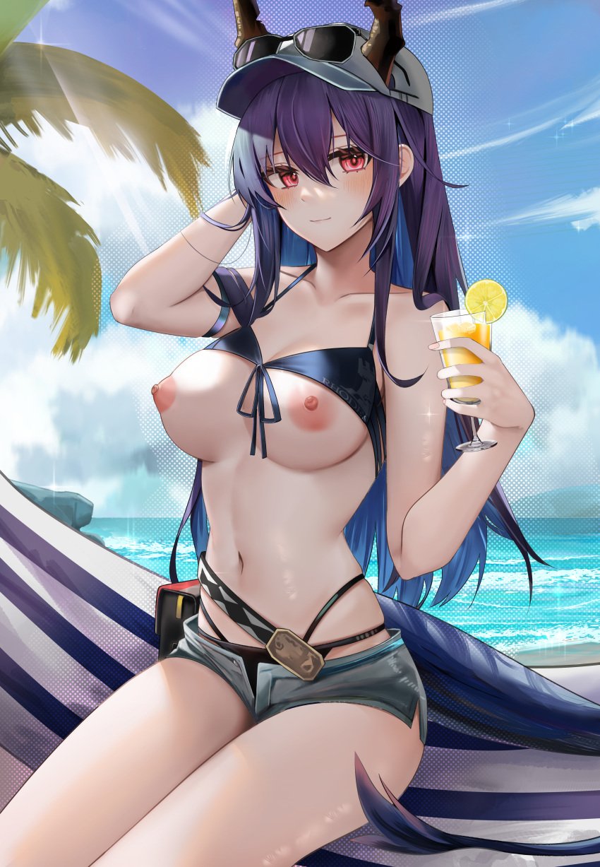 1girls arknights baseball_cap beach big_breasts bikini black_bikini blue_hair blush bra bra_lift breasts cap ch'en_(arknights) ch'en_the_holungday_(arknights) collarbone cute day dragon_girl dragon_horns dragon_tail drink glass hair_between_eyes hammock hand_in_own_hair holding_glass horns horns_through_headwear large_breasts legs light-skinned_female light_skin long_hair looking_at_viewer midriff nipples ocean open_shorts palm_tree red_eyes ru_zhai sea shiny_skin shorts sky smile smiling solo solo_female stomach sunglasses sunglasses_on_head swimsuit tagme_(character) tail thick_legs voluptuous wide_hips