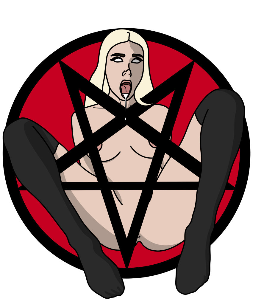 666 anus blonde_hair demon demon_eyes demon_girl demoness evil exorcism female gothic occult open_mouth original_character pentagram possession prodbynieco pussy red_background ritual saliva spirit spit stockings tongue_out white_hair white_skin witch witchcraft