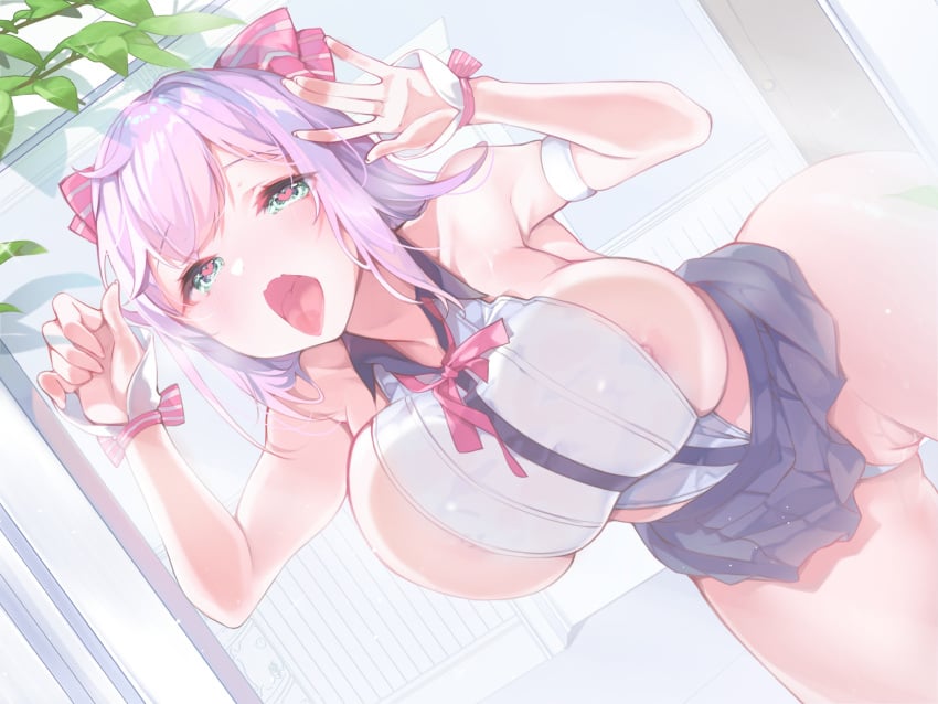 blush green_eyes kanola_u long_hair nipples no_bra original purple_hair pussy pussy_juice skirt uncensored