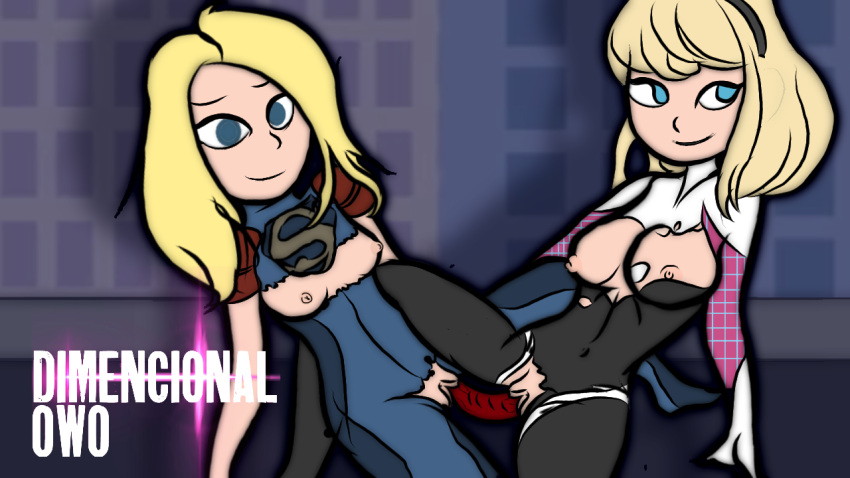 2girls blonde_hair clothed_sex clothes_lift crossover dc dc_comics dildo double_dildo double_dildo_vaginal female female_only gwen_stacy hairband human human_only injustice_2 kara_danvers kara_zor-el light-skinned_female light_skin marvel multiple_girls shirt_lift spider-gwen spider-man_(series) supergirl yuri