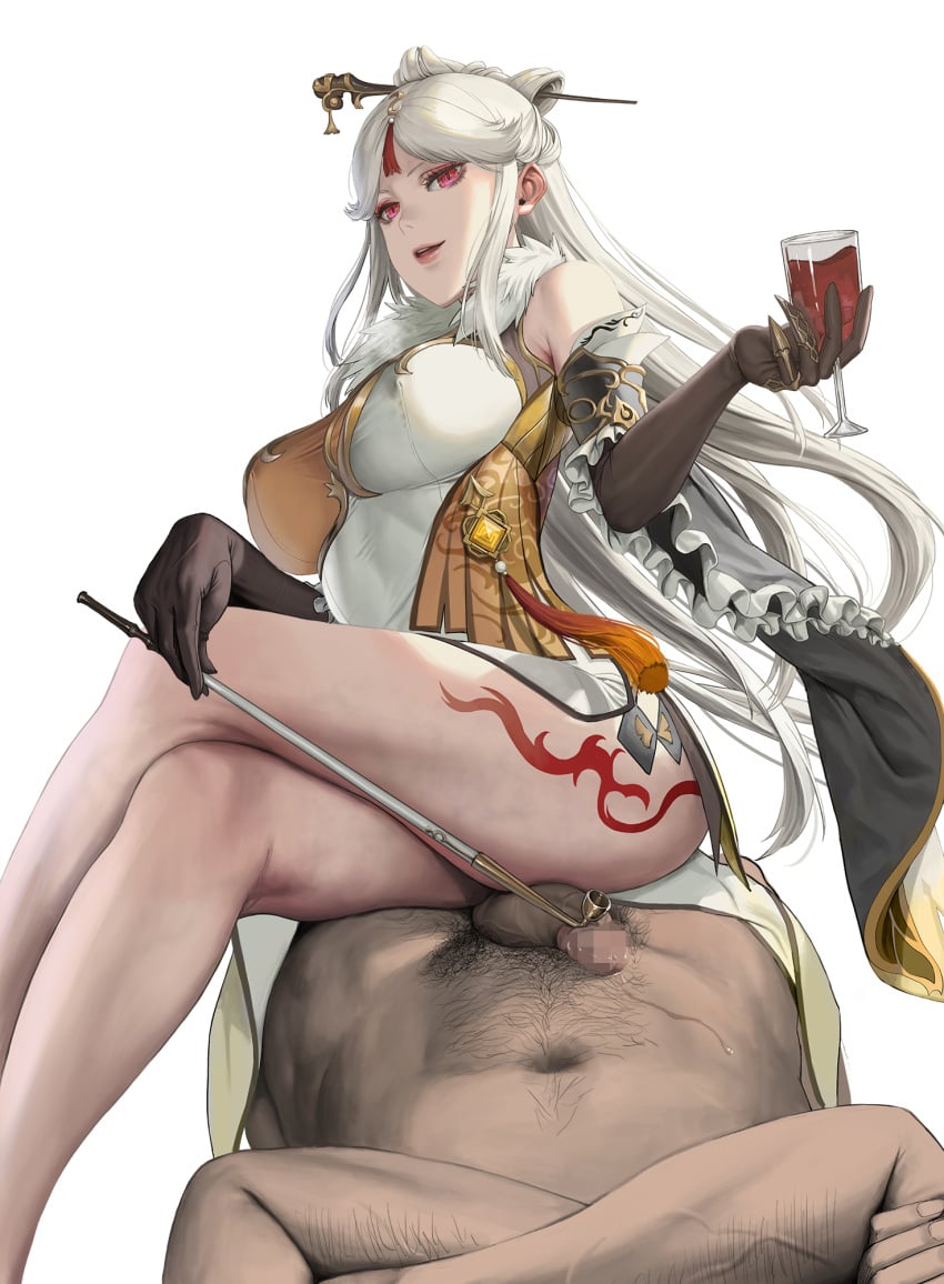 1boy bangs bare_legs bare_shoulders breasts censored china_dress chinese_clothes clothed_female_nude_male crossed_legs cup dress drink drinking_glass elbow_gloves erection female frilled_sleeves frills genshin_impact gloves hair_ornament half-closed_eyes highres holding holding_cup holding_pipe janggun kiseru large_breasts legs lips looking_at_viewer lying mosaic_censoring ningguang_(genshin_impact) nude on_back open_mouth parted_bangs penis pipe pov pubic_hair red_eyes simple_background sitting sitting_on_person smile straight thigh_tattoo thighs white_background white_hair wide_sleeves