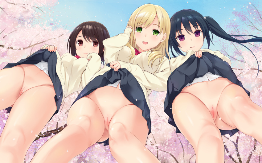 black_hair blonde_hair breasts brown_eyes brown_hair cherry_blossoms flowers green_eyes long_hair n.g. nopan original petals purple_eyes pussy school_uniform short_hair skirt skirt_lift twintails uncensored