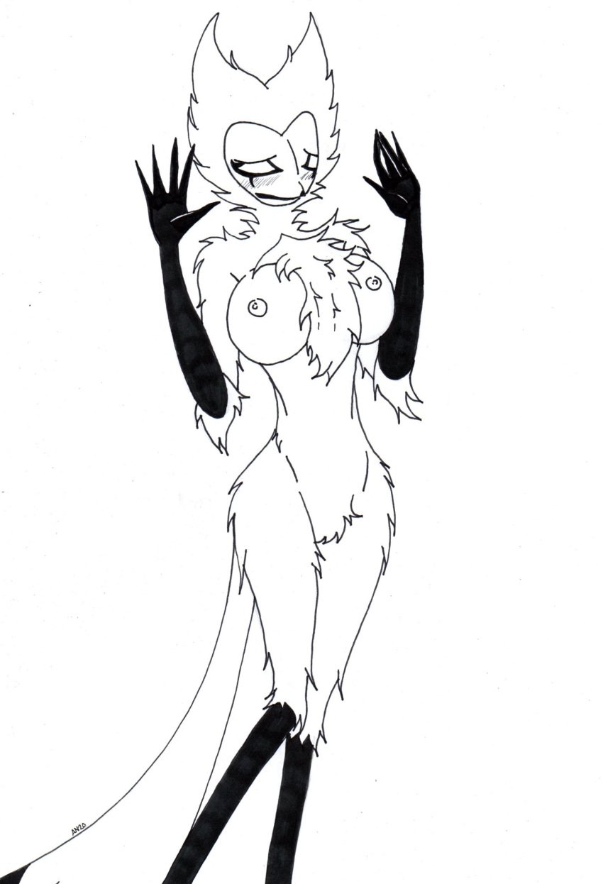 anthro avian beak bird blush breasts claws demon female female_only female_stolas fur genitals heart helluva_boss mature_female milf nipples open_mouth owl owl_demon pussy rule_63 skeleslay sketch solo stolas_(helluva_boss)