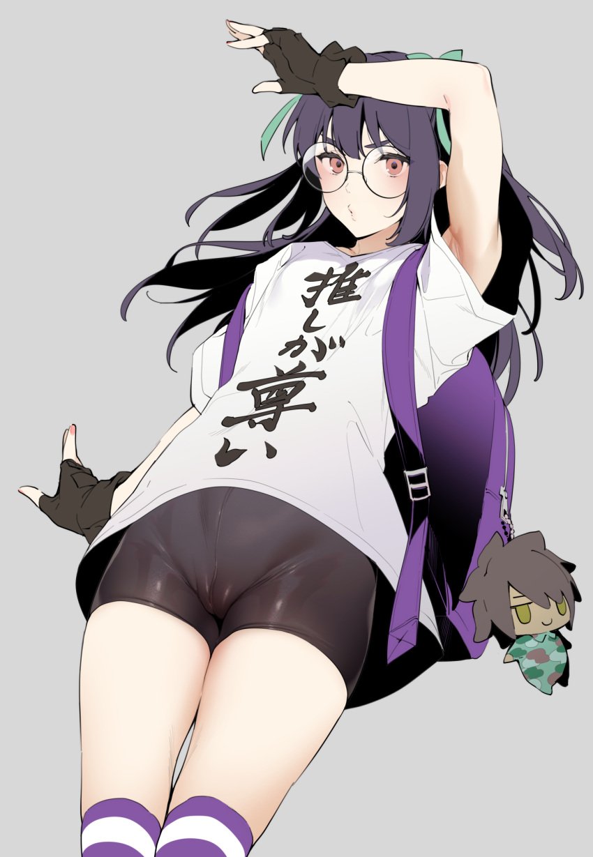 backpack blush cameltoe flat_chest fully_clothed glasses gloves hizuki_akira nagi_usui neo:_the_world_ends_with_you plushie purple_hair shorts solo_female stockings the_world_ends_with_you