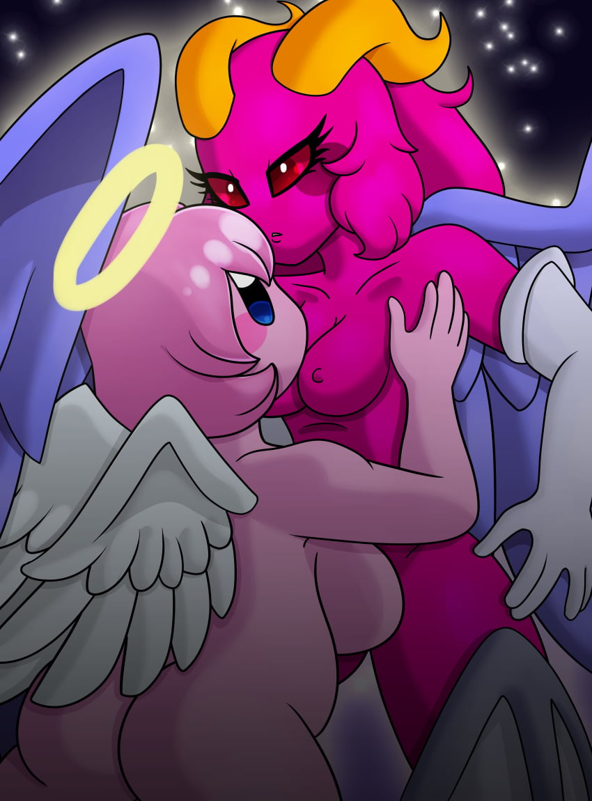 alternate_species armwear ass big_ass big_breasts big_butt blue_eyes blush breasts clothed clothing cute cute_face digital_media_(artwork) duo elbow_gloves eyelashes feathered_wings feathers female female/female female_only females_only footwear galacta_knight gloves hair halo handwear hi_res horn humanoid humanoidized kirby kirby_(series) kirby_super_star_ultra long_hair mostly_nude nintendo nipples not_furry pink_body pink_hair ponytail red_eyes rosy_cheeks rule_63 simple_background small_wings video_games wings yoshimister yuri