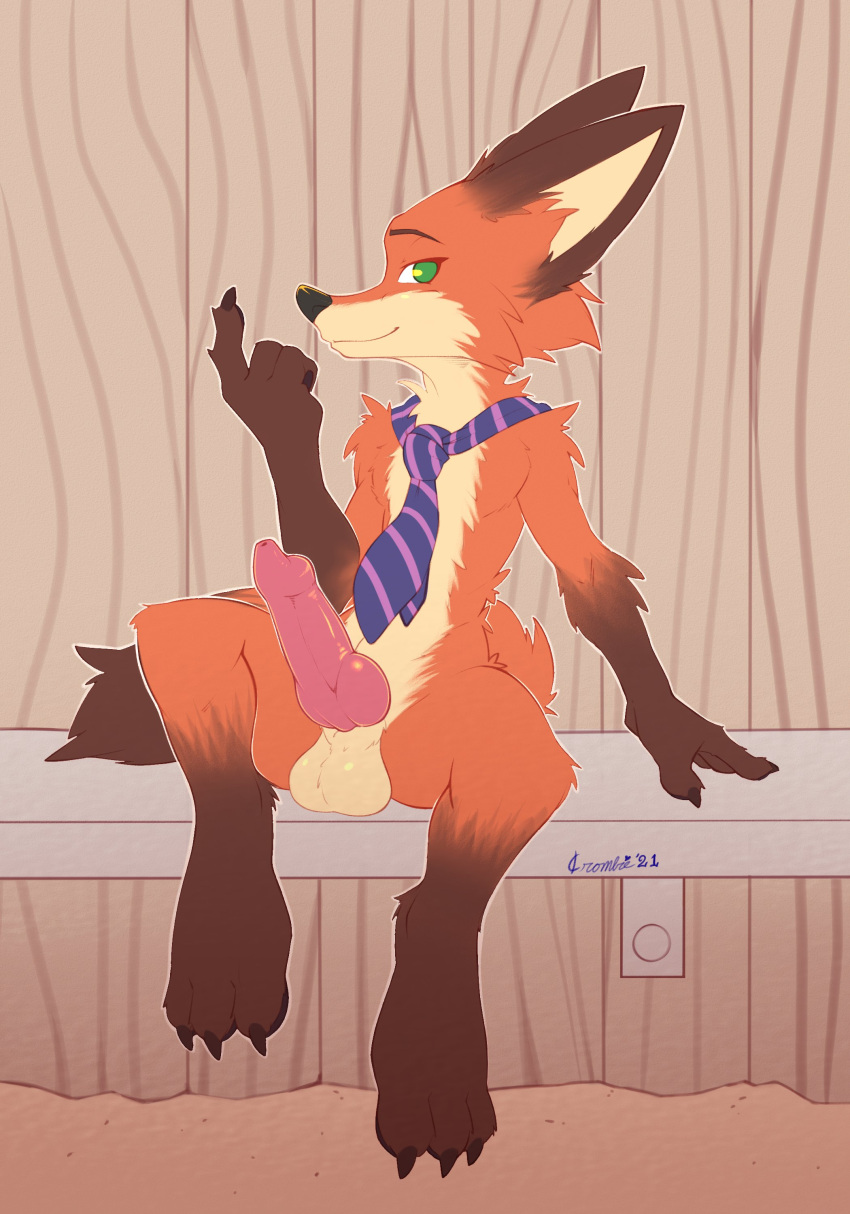 absurd_res animal_genitalia anthro balls beckoning canid canine crombie disney fox genitals gesture hi_res knot looking_at_viewer male male_only mammal mostly_nude necktie nick_wilde penis sitting solo zootopia