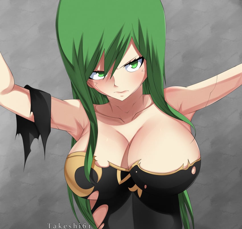 1girls android big_breasts edens_zero green_eyes green_hair hands_tied long_hair looking_at_viewer ripped_clothing solo takeshi61_(artist) upper_body witch_regret