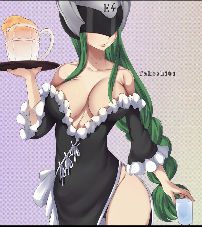 1girls android beer beer_mug covered_eyes edens_zero green_hair long_hair maid maid_uniform smile solo takeshi61_(artist) tinted_eyewear visor witch_regret