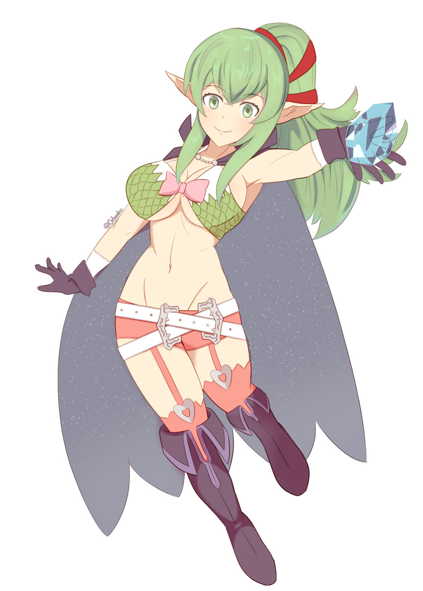 1girls adult alternate_costume bare_thighs boots cleavage cosplay female fire_emblem fire_emblem_awakening garter_straps green_eyes green_hair large_breasts long_hair looking_at_viewer nintendo nowi_(fire_emblem)_(cosplay) orbiculare pointy_ears ponytail revealing_clothes shorts smile solo stone thighhighs tiki_(adult)_(fire_emblem) tiki_(fire_emblem) underboob