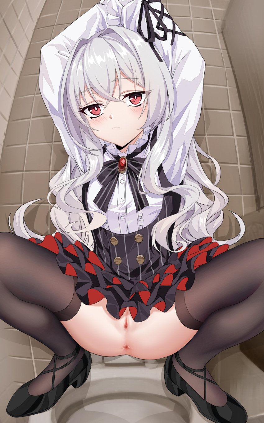 1girls allan_poe_(honkai_impact) anus arms_tied_above_head ass benghuai_xueyuan black_high_heels black_legwear black_thighhighs bow censored censored_pussy clothing dress expressionless female female_only heels high_heels honkai_(series) honkai_impact honkai_impact_3rd indoors internal_view light_blush long_hair mosaic_censoring no_panties nopan public_restroom pussy red_eyes restrained shiny_hair sitting_on_toilet skirt skirt_lift small_ass solo spread_legs teenager thighhighs thighs tile_wall toilet toilet_bowl toilet_stall uncensored_anus vagina white_hair xo_(xo17800108)