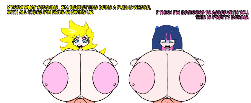 2girls alternate_breast_size bimbo goth huge_breasts ketadune multiple_girls oppai panty_&_stocking_with_garterbelt panty_anarchy small_penis_humiliation stocking_anarchy tagme white_background