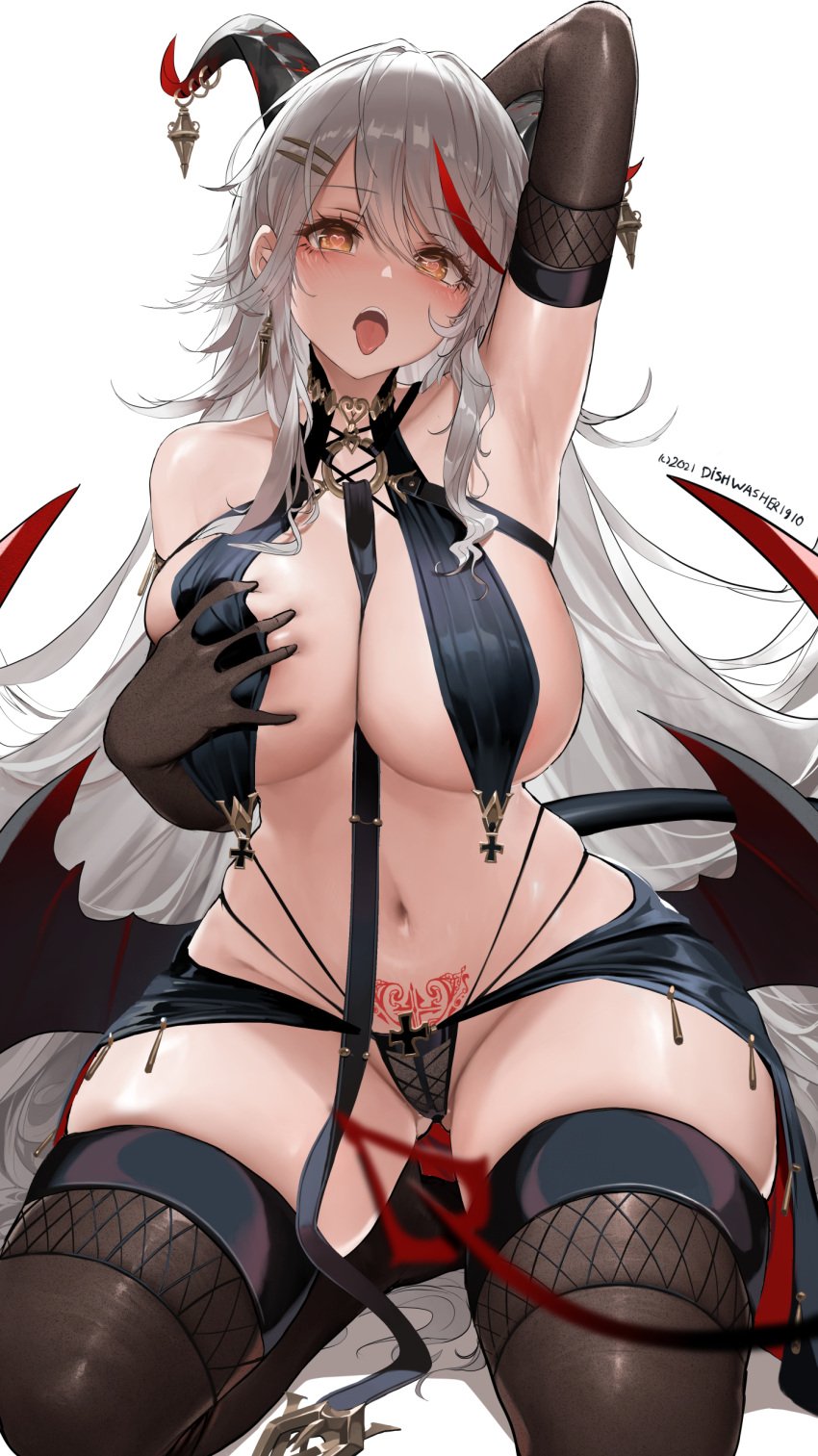 1girls absurdly_long_hair absurdres aegir_(azur_lane) arm_up armpits artist_name ass_visible_through_thighs azur_lane bangs bare_shoulders black_gloves black_legwear black_panties breast_curtains breasts cleavage collarbone cross-laced_clothes demon_girl demon_horns demon_tail demon_wings dishwasher1910 earrings elbow_gloves eyebrows_visible_through_hair female gloves grabbing_own_breast groin hair_between_eyes hair_ornament hairclip heart heart-shaped_pupils highres horn_ornament horns iron_cross jewelry large_breasts long_hair looking_at_viewer low_wings multi-strapped_panties multicolored_hair navel neckwear_between_breasts o-ring open_mouth panties pubic_tattoo red_hair shadow sidelocks simple_background sitting skindentation solo stomach streaked_hair succubus succubus_tattoo swept_bangs symbol-shaped_pupils tail tattoo thick_thighs thighhighs tongue tongue_out underwear upper_teeth very_long_hair waist_cape wariza white_background white_hair wings yellow_eyes