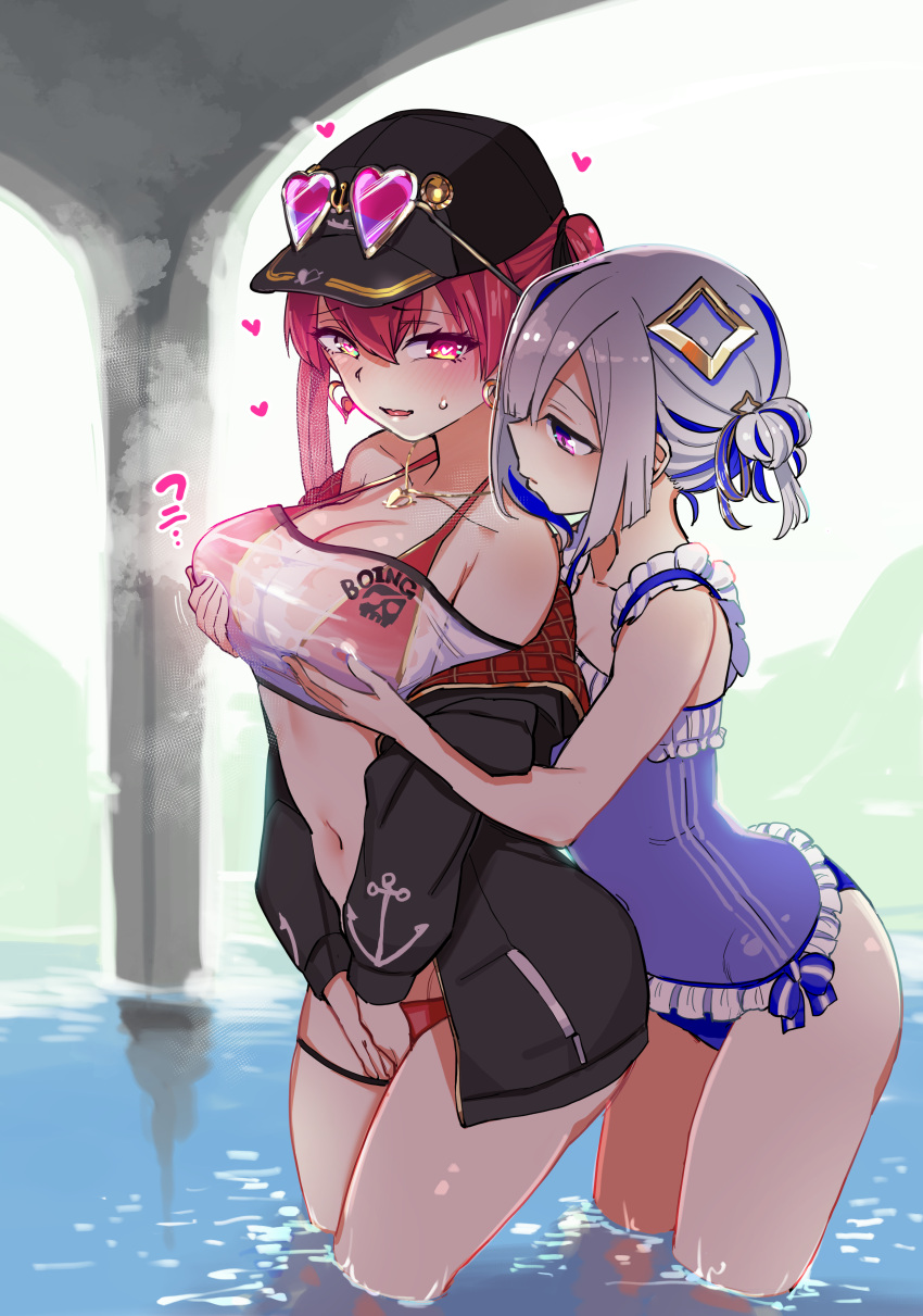 amane_kanata aomushi_(mushamusha) bikini breast_hold erect_nipples garter groping groping_from_behind holoforce hololive hololive_fantasy hololive_japan houshou_marine masturbation megane open_shirt pool see_through swimsuits virtual_youtuber wet wet_clothes yuri