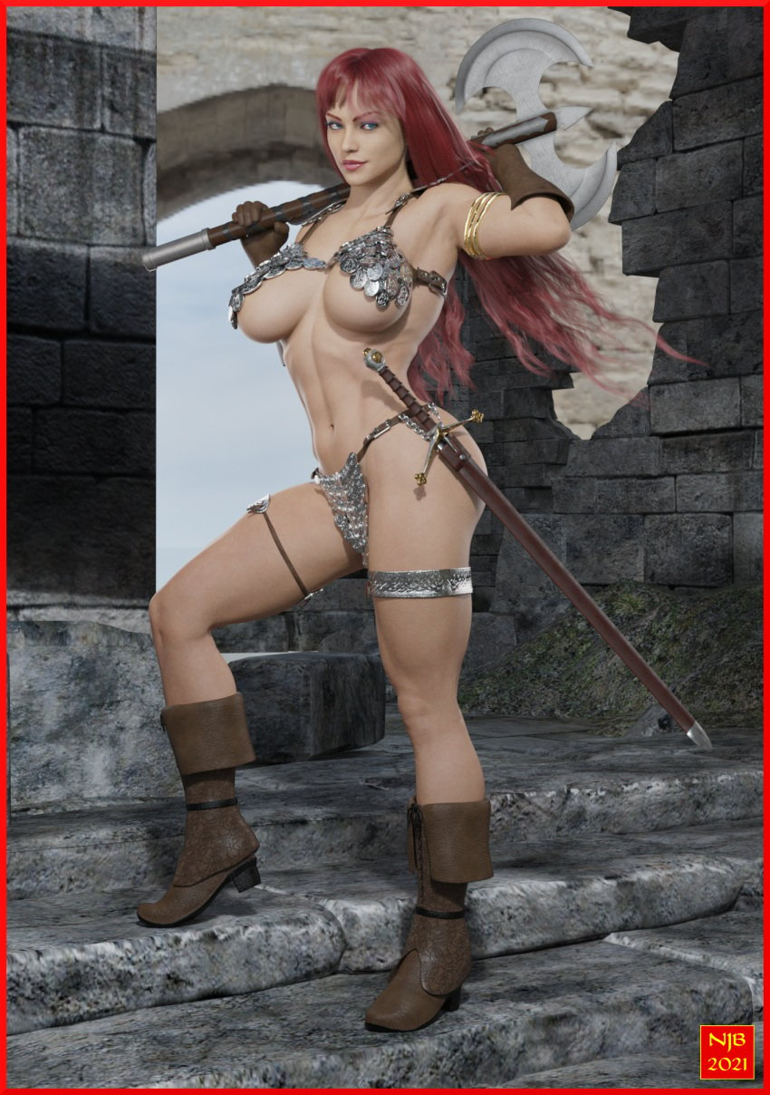 1girls 3d battle_axe blue_eyes boots chainmail chainmail_bikini gloves large_breasts loincloth looking_at_viewer nathanomir red_hair red_sonja red_sonja_(comics) sword thighlet