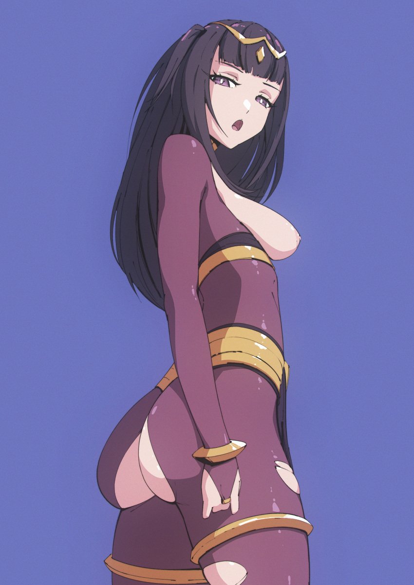 1girls ass black_hair blue_background bodystocking breasts breasts_out fire_emblem fire_emblem_awakening flou larger_male long_hair looking_at_viewer looking_down medium_breasts nintendo nipples purple_eyes solo tharja_(fire_emblem) torn_clothes