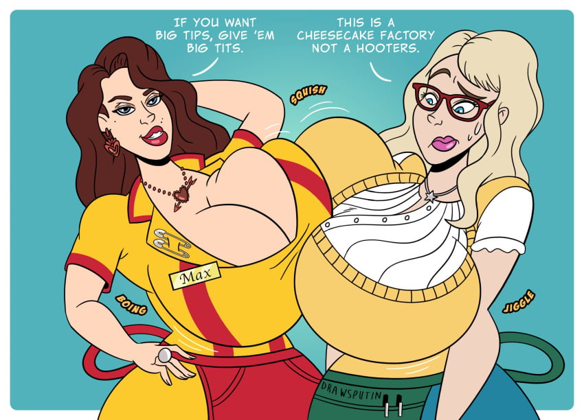 2_broke_girls 2girls bernadette_rostenkowski-wolowitz breast_press breasts celebrity cleavage clothed drawsputin female_only kat_dennings large_breasts max_black melissa_rauch multiple_girls necklace real_person speech_bubble symmetrical_docking text the_big_bang_theory