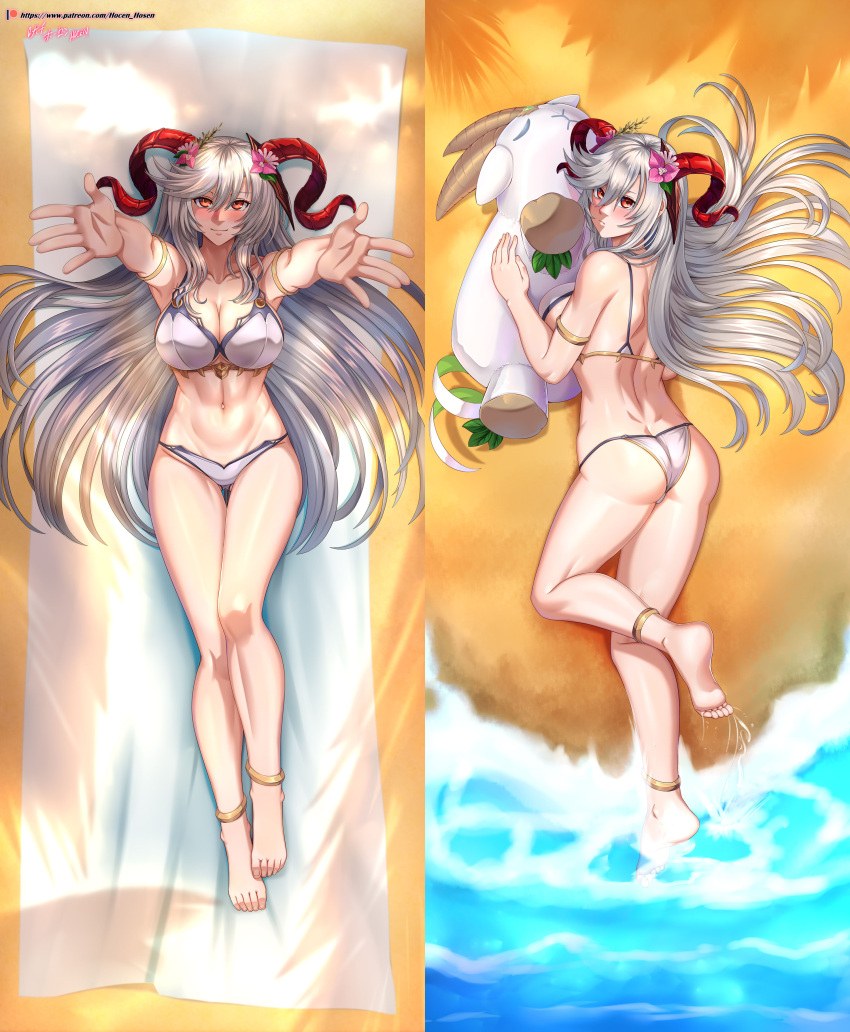 1girls alternate_costume ass back bare_back bare_legs beach bikini blush cleavage dakimakura fire_emblem fire_emblem_heroes freyja_(fire_emblem) freyja_(summer)_(fire_emblem) goat grey_hair hocen horns hug incoming_hug large_ass large_breasts looking_at_viewer looking_back nintendo ocean on_back on_towel plushie red_eyes red_horns seaside sideboob smile swimsuit towel very_long_hair white_bikini white_swimsuit