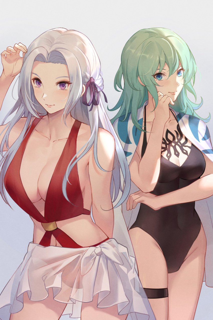 2girls alternate_costume black_swimsuit blue_eyes byleth_(fire_emblem) byleth_(fire_emblem)_(female) cleavage crest_(fe3h) edelgard_von_hresvelg fire_emblem fire_emblem:_three_houses frills green_hair jolker long_hair medium_breasts medium_hair nintendo one-piece_swimsuit purple_eyes red_swimsuit sarong see-through sideboob skirt sling_bikini smile swimsuit tattoo white_hair