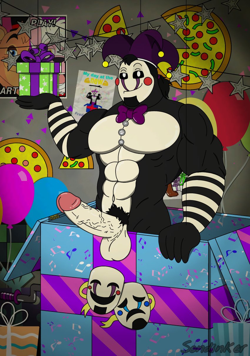 1boy abs absurd_res animatronic balloon balloons balls bara biceps black_body black_skin bow_tie bowtie erection five_nights_at_freddy's five_nights_at_freddy's_2 gay genderswap gift gift_box half-closed_eyes hat headgear headwear hi_res holding_gift looking_at_viewer male_only marionette_(fnaf) muscles muscular muscular_male penis pizza poster puppet_(fnaf) robot security_puppet security_puppet_(fnaf) signature smile smiling smiling_at_viewer solo solo_male sondinker_fazbear's toy_freddy toy_freddy_(fnaf) watermark white_body white_eyes white_skin