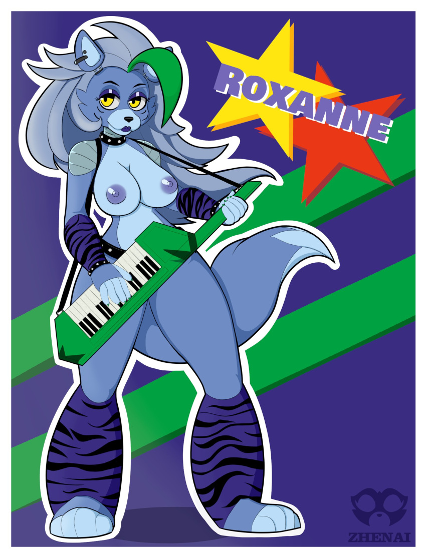 1girls absurd_res animatronic areola areolae black_nose boobs bracelet collar female female_only five_nights_at_freddy's five_nights_at_freddy's:_security_breach green_hair grey_hair half-closed_eyes hi_res holding_instrument instrument long_tail machine nipples robot roxanne_wolf_(fnaf) signature smile smiling solo solo_female spiked_bracelet spiked_collar spikes star tail tits two-tone_hair two_tone_body two_tone_fur two_tone_skin video_games violet_body violet_fur violet_skin watermark yellow_eyes zhenai