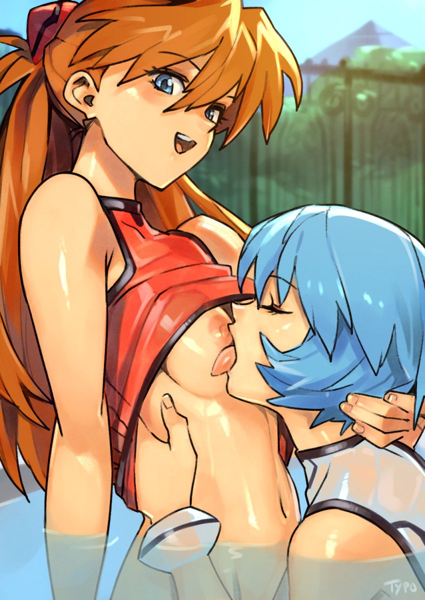 2girls asuka_langley_sohryu blue_eyes blue_fur blush breast_sucking breasts closed_eyes erect_nipples female female_only multiple_girls neon_genesis_evangelion nipples optionaltypo orange_hair outdoors partially_submerged rei_ayanami small_breasts swimsuit swimwear upper_body vhfd water yuri