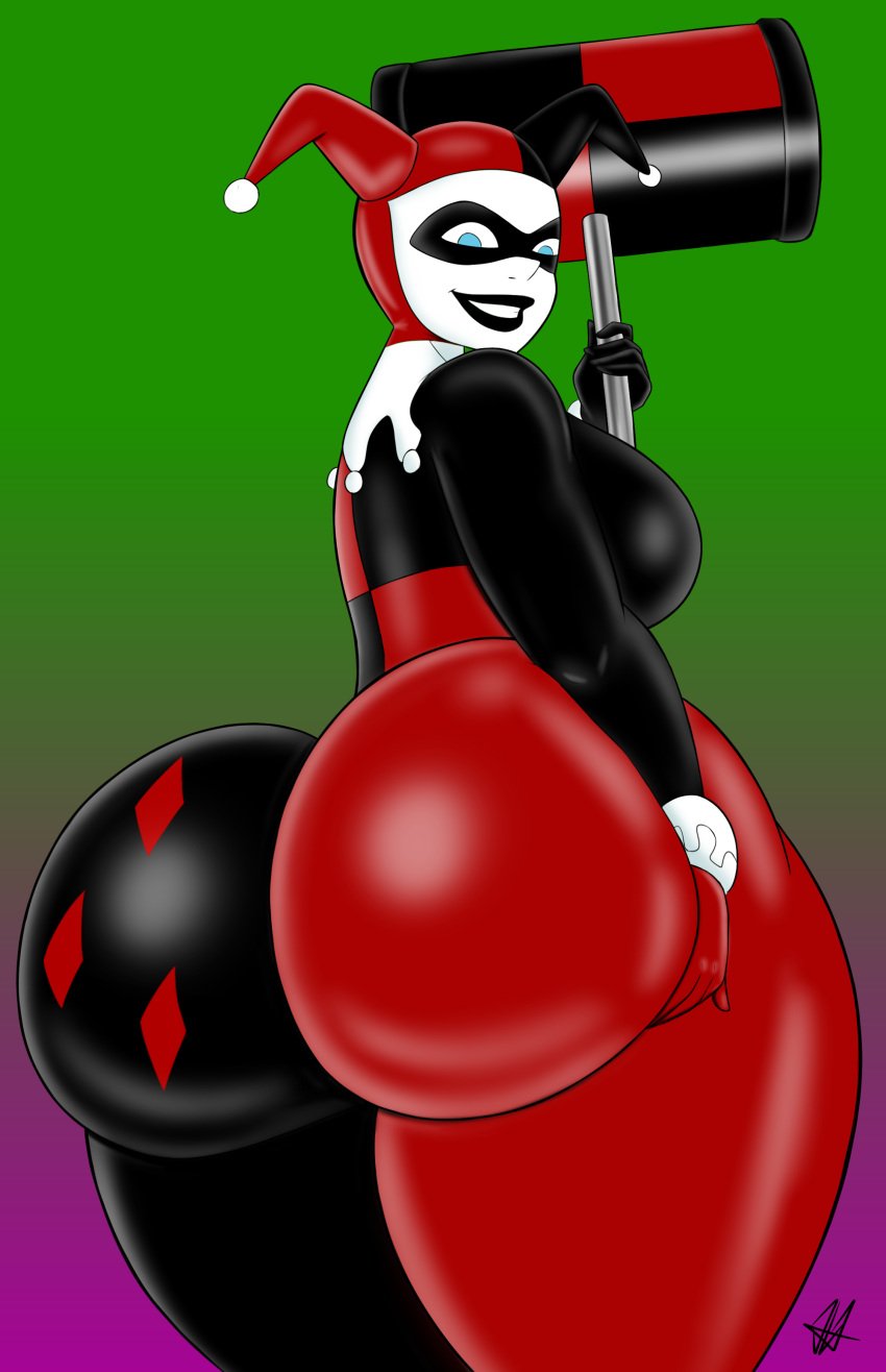 ass batman:_the_animated_series batman_(series) big_ass big_butt bottom_heavy busty curvy dc dc_comics dcau favorite gradient_background harley_quinn harley_quinn_(classic) huge_ass huge_butt jarsman_(artist) jester pawg thick thick_thighs tight_clothing tights voluptuous