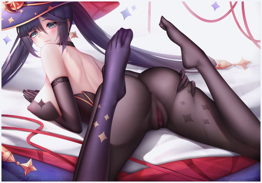 anus ass ass_grab feet genshin_impact mona_(genshin_impact) nipples no_bra no_shoes nopan pantyhose pussy see_through witch zhixue