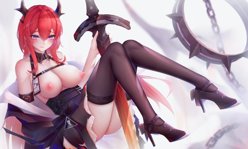 arknights breasts heels horns nipples no_bra pussy_juice skirt_lift surtr_(arknights) sword thighhighs zhixue