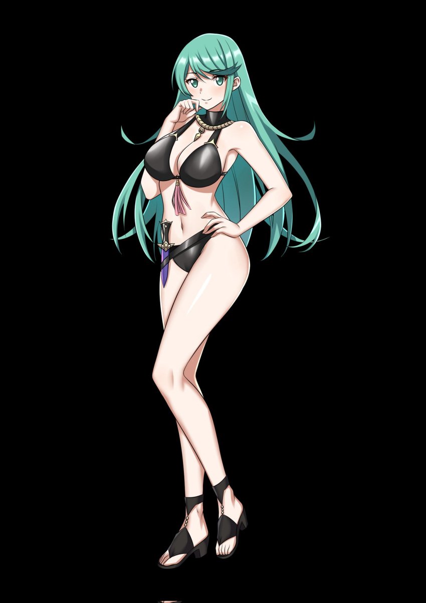 1girls alternate_costume alternate_hairstyle aqua_eyes aqua_hair bikini black_background black_bikini black_footwear black_swimsuit blush breasts byleth_(fire_emblem)_(female)_(cosplay) cleavage commentary_request cosplay crossover dagger english_commentary fire_emblem fire_emblem:_three_houses fire_emblem_heroes full_body green_eyes green_hair hair_down hand_on_hip hand_to_own_mouth highres jewelry knife large_breasts latex long_hair looking_at_viewer navel necklace nintendo nottme pneuma sandals sheath sheathed simple_background smile solo standing swimsuit toeless_footwear weapon xenoblade_(series) xenoblade_chronicles_2