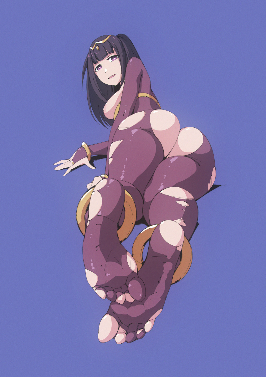 1girls ass black_hair blue_background bodystocking breasts breasts_out feet fire_emblem fire_emblem_awakening flou large_ass long_hair looking_at_viewer looking_back medium_breasts nintendo nipples open_mouth purple_eyes smile solo tharja_(fire_emblem) toeless_legwear torn_clothes