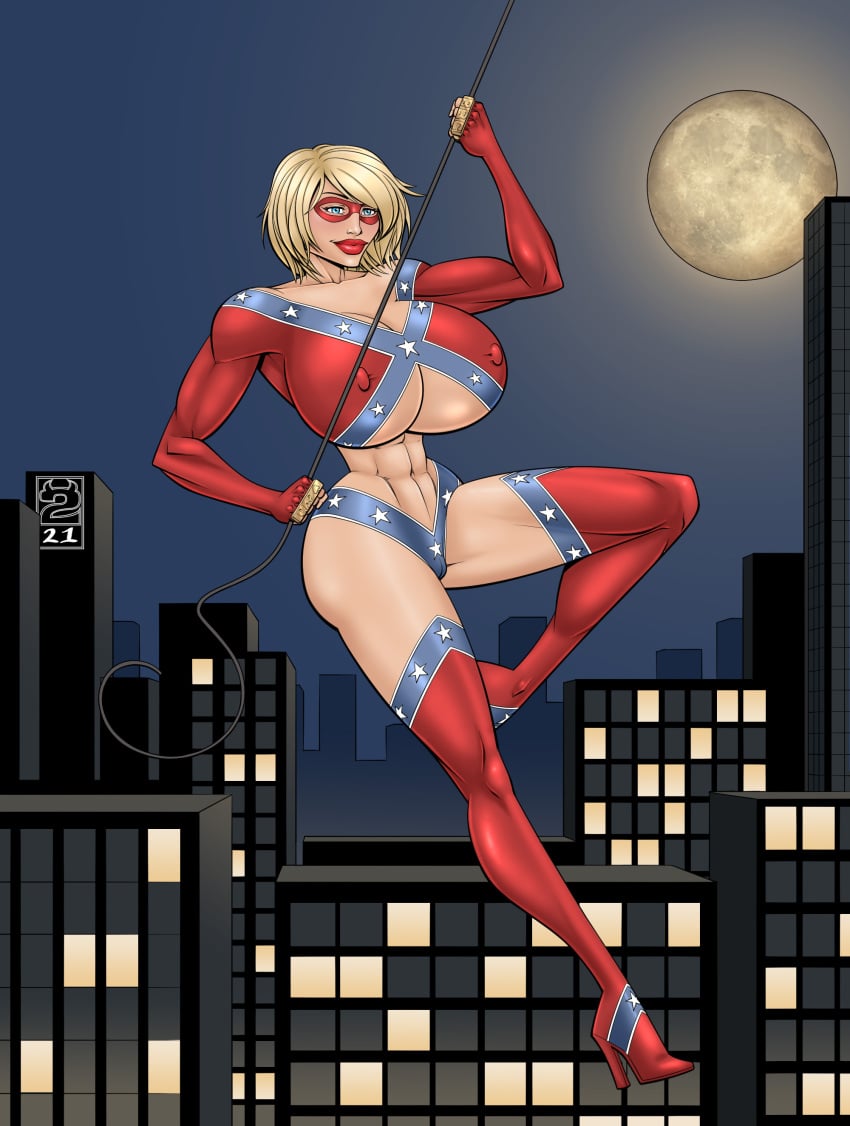 2020s 2021 abs alternate_costume blonde_hair blue_eyes brass_knuckles cameltoe city cityscape clothed commission confederate_flag deuce domino_mask female_only fingerless_gloves full_moon heroine huge_breasts lipstick masked moon muscular muscular_female night original original_character racism racist red_lips red_lipstick rope short_hair southern southern_belle_(deuce) superheroine thigh_high_boots thigh_highs