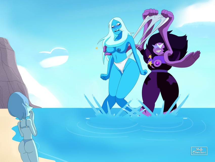 4_arms ass blue_diamond_(steven_universe) blue_pearl_(steven_universe) blue_skin blush breasts cartoon_network diamond_authority embarrassed gem_(species) gem_fusion giantess long_hair master_chimichurri multi_arm multi_limb nipple_tweak panties pearl_(gem) purple_skin shades steven_universe sugilite_(steven_universe) topless topless_female underwear water wedgie white_panties white_underwear