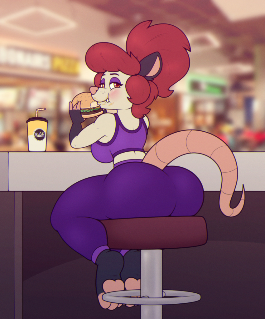 5:6 absurd_res anthro ass beverage big_breasts blush breasts burger clothed clothing eating female food fur furry furry_only hair hi_res looking_at_viewer looking_back looking_back_at_viewer mammal marsupial phalangeriform red_hair sitting solo stunnerpony tail tania_tlacuache thick_thighs