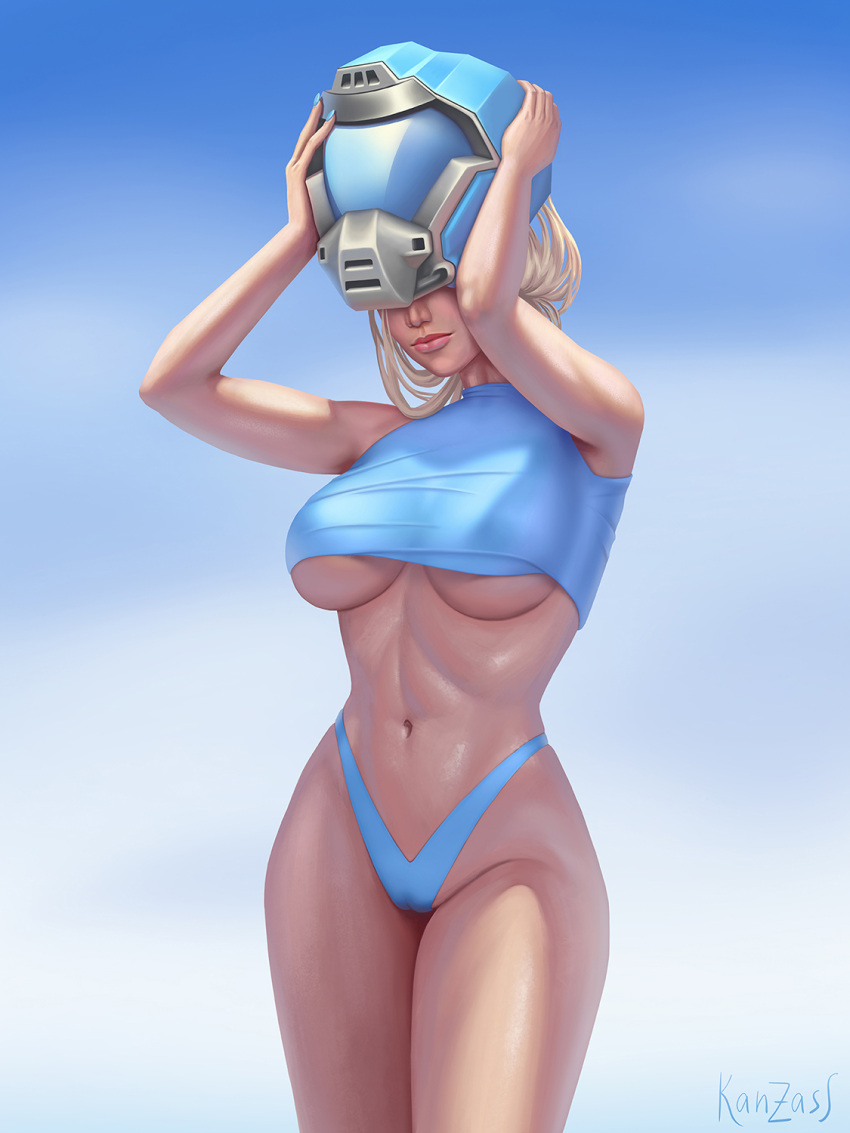 blonde_hair cameltoe crash_(quake) fit_female glistening helmet kanzass large_breasts quake quake_3 thong underboob