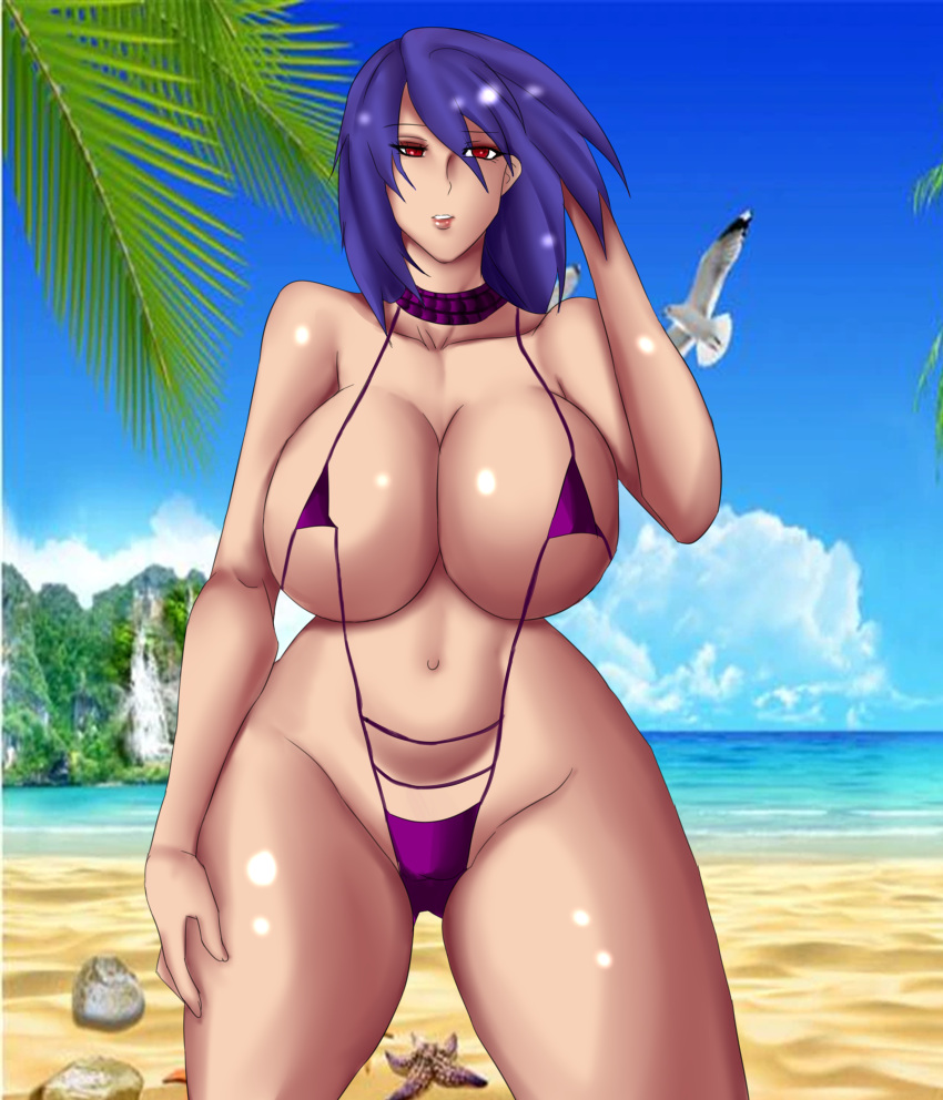 1girls absurd_res aged_up alternate_body_type alternate_breast_size beach big_breasts bikini blue_hair breasts carrie_fernandez castlevania castlevania:_legacy_of_darkness commission female female_focus female_only hi_res hipponova huge_breasts large_breasts looking_at_viewer one-piece_swimsuit purple_clothing purple_hair red_eyes short_hair solo solo_female solo_focus swimsuit