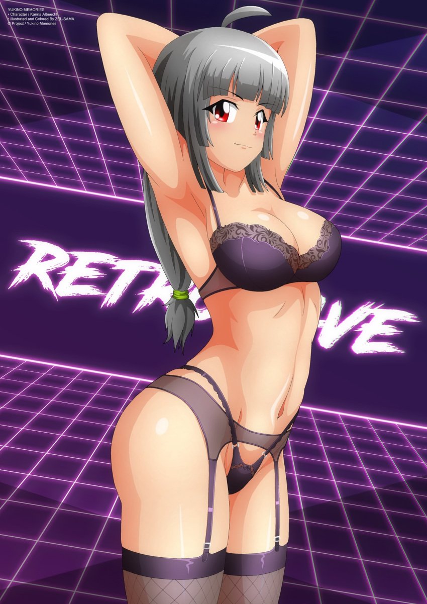 1girls armpits arms_behind_head black_bra black_panties bra cleavage female female_only garter_straps grey_hair hips kanna_albeecht lingerie long_hair looking_at_viewer medium_breasts navel pose purple_bra red_eyes seductive seductive_smile solo stockings thong yukino_memories zel-sama