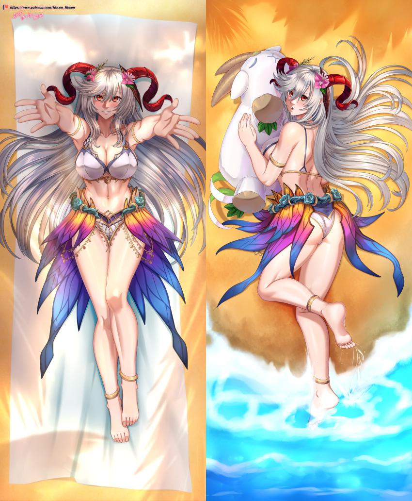 1girls alternate_costume ass back bare_back beach bikini blush cleavage dakimakura fire_emblem fire_emblem_heroes freyja_(fire_emblem) freyja_(summer)_(fire_emblem) goat grey_hair hocen horns hug incoming_hug large_ass large_breasts looking_at_viewer looking_back nintendo ocean on_back on_towel plushie red_eyes red_horns seaside sideboob smile swimsuit towel very_long_hair white_bikini white_swimsuit