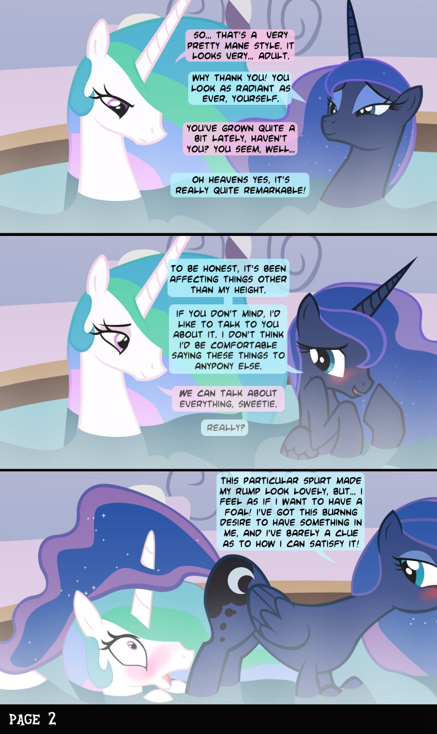 absurd_res anthro ass bathtub bent_over blush comic cutie_mark duo equid equine eye_contact female female/female friendship_is_magic hair hasbro hi_res horn horse incest looking_at_another looking_back looking_down mammal my_little_pony pony ponytail princess_celestia_(mlp) princess_luna_(mlp) sisters speech_bubble tiarawhy unicorn unicorn_horn water yuri