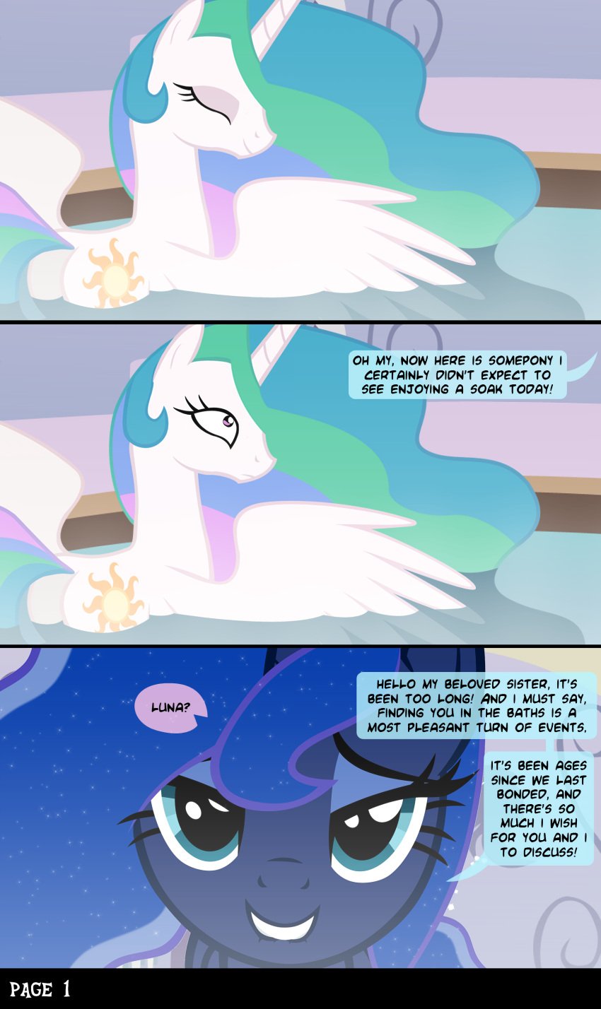 absurd_res alicorn ass bathtub closed_eyes comic cutie_mark duo equid equine female female/female friendship_is_magic hair half-closed_eyes hasbro hi_res horn horse_tail incest long_hair mammal my_little_pony narrowed_eyes princess_celestia_(mlp) princess_luna_(mlp) speech_bubble tiarawhy unicorn_horn unicorn_tail water wings yuri